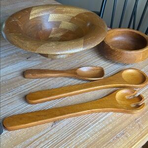 Vintage Wood Bundle, 1 Large Wood Bowl Kitchen 3 Wood Utensil Set
